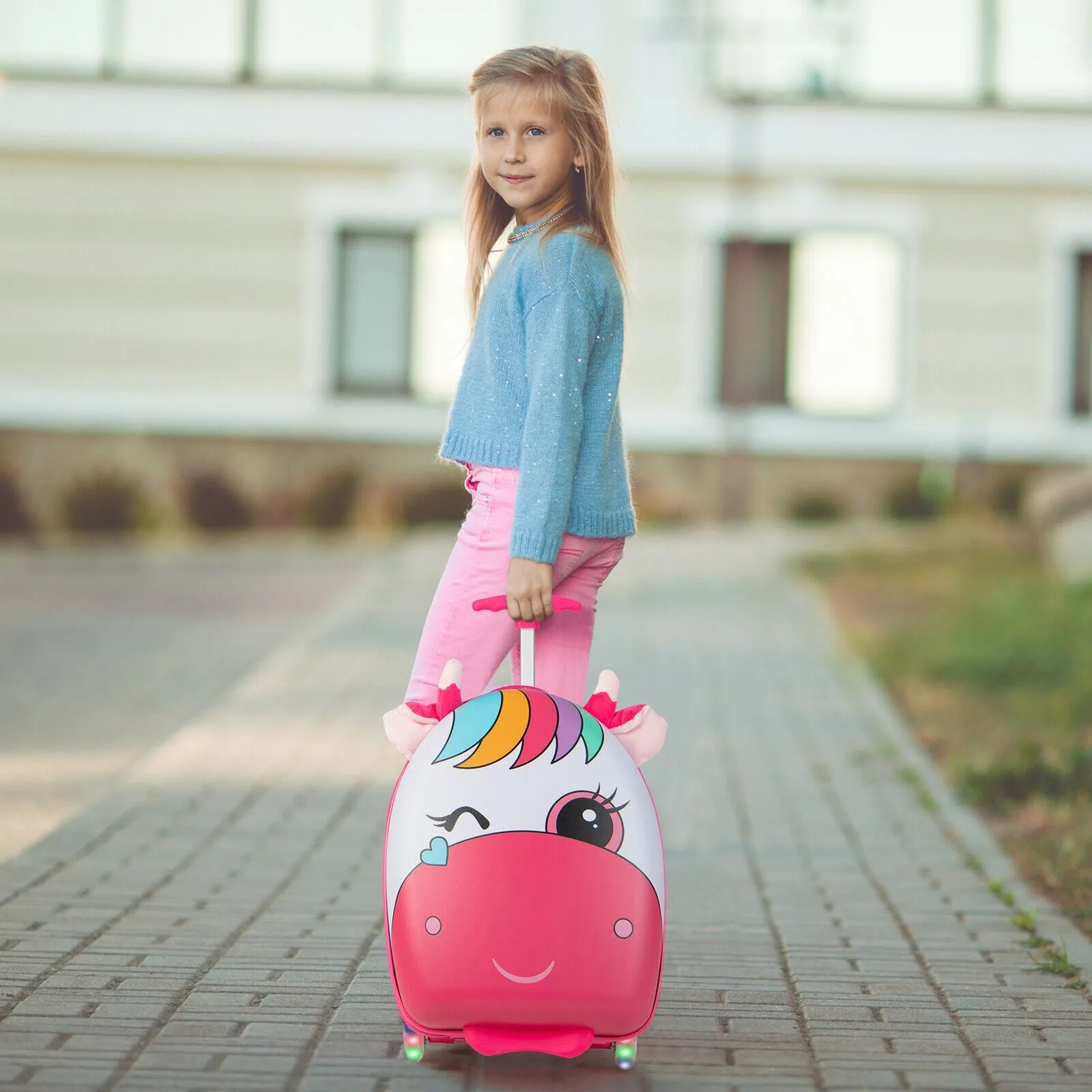 16 Inch Kids Rolling Luggage with 2 Flashing Wheels and Telescoping Handle - Pink