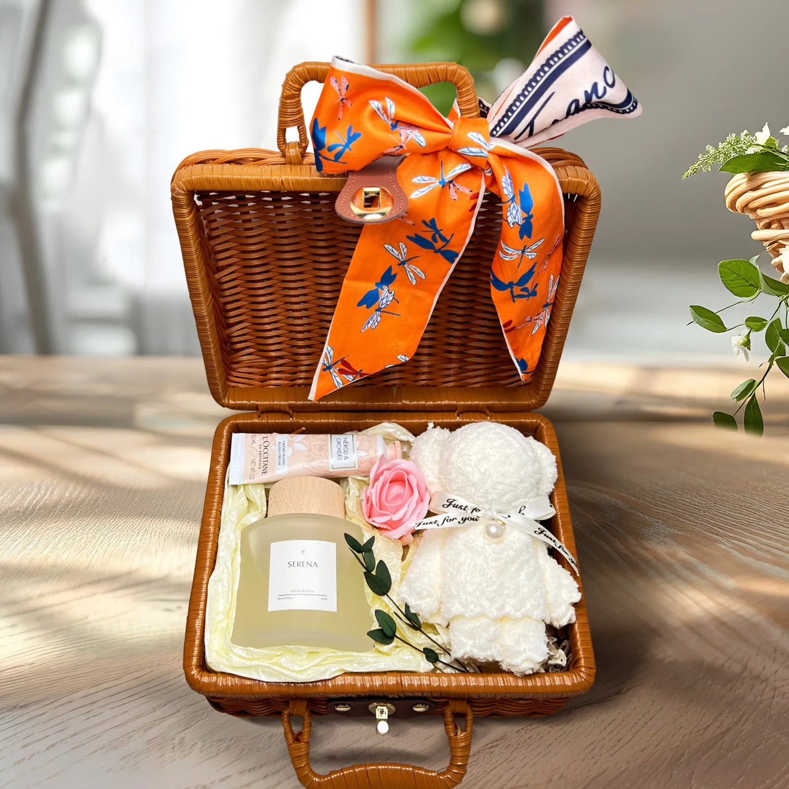 Adorable Suitcase Gift Basket with Hand Cream, Pink Rose Soap & Dry Flower Decorations