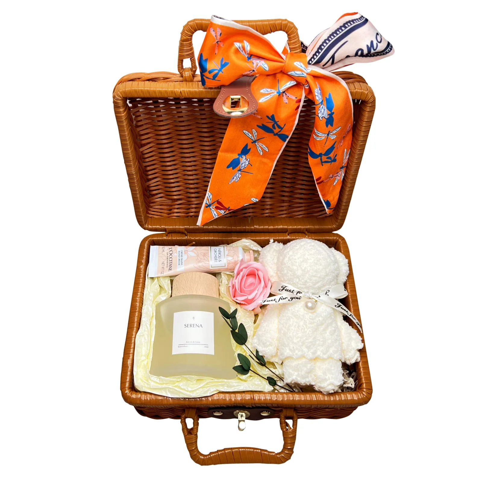 Adorable Suitcase Gift Basket with Hand Cream, Pink Rose Soap & Dry Flower Decorations