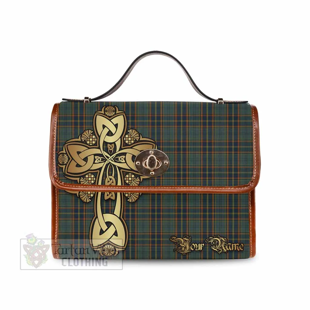 Antrim County Ireland Tartan Waterproof Canvas Bag Golden Thistle Celtic Cross Style