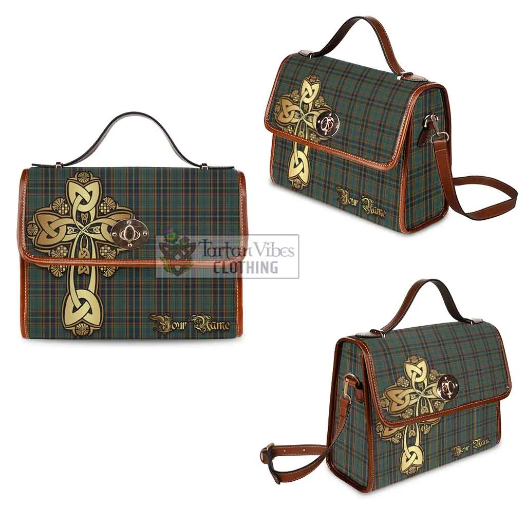 Antrim County Ireland Tartan Waterproof Canvas Bag Golden Thistle Celtic Cross Style