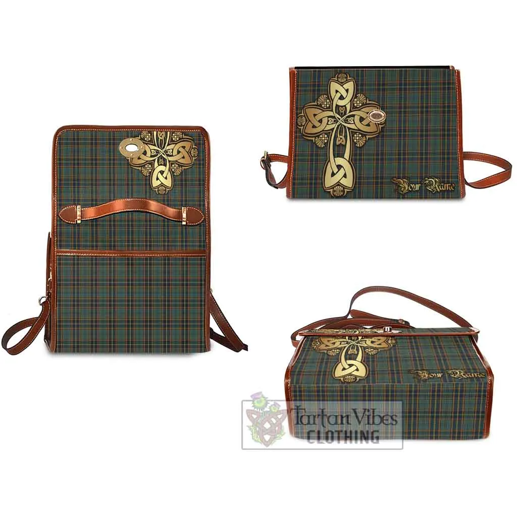 Antrim County Ireland Tartan Waterproof Canvas Bag Golden Thistle Celtic Cross Style