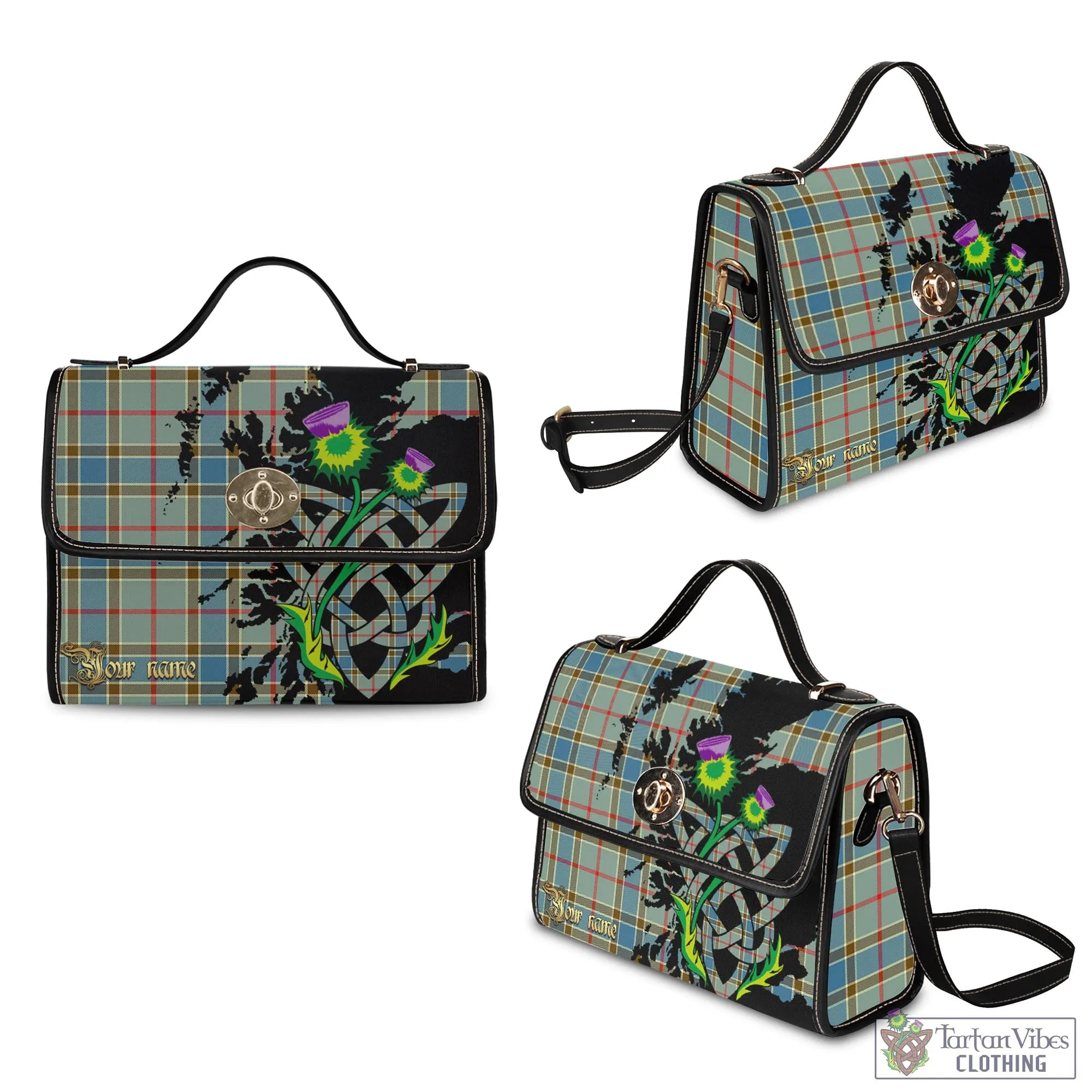 Balfour Blue Tartan Waterproof Canvas Bag with Scotland Map and Thistle Celtic Accents