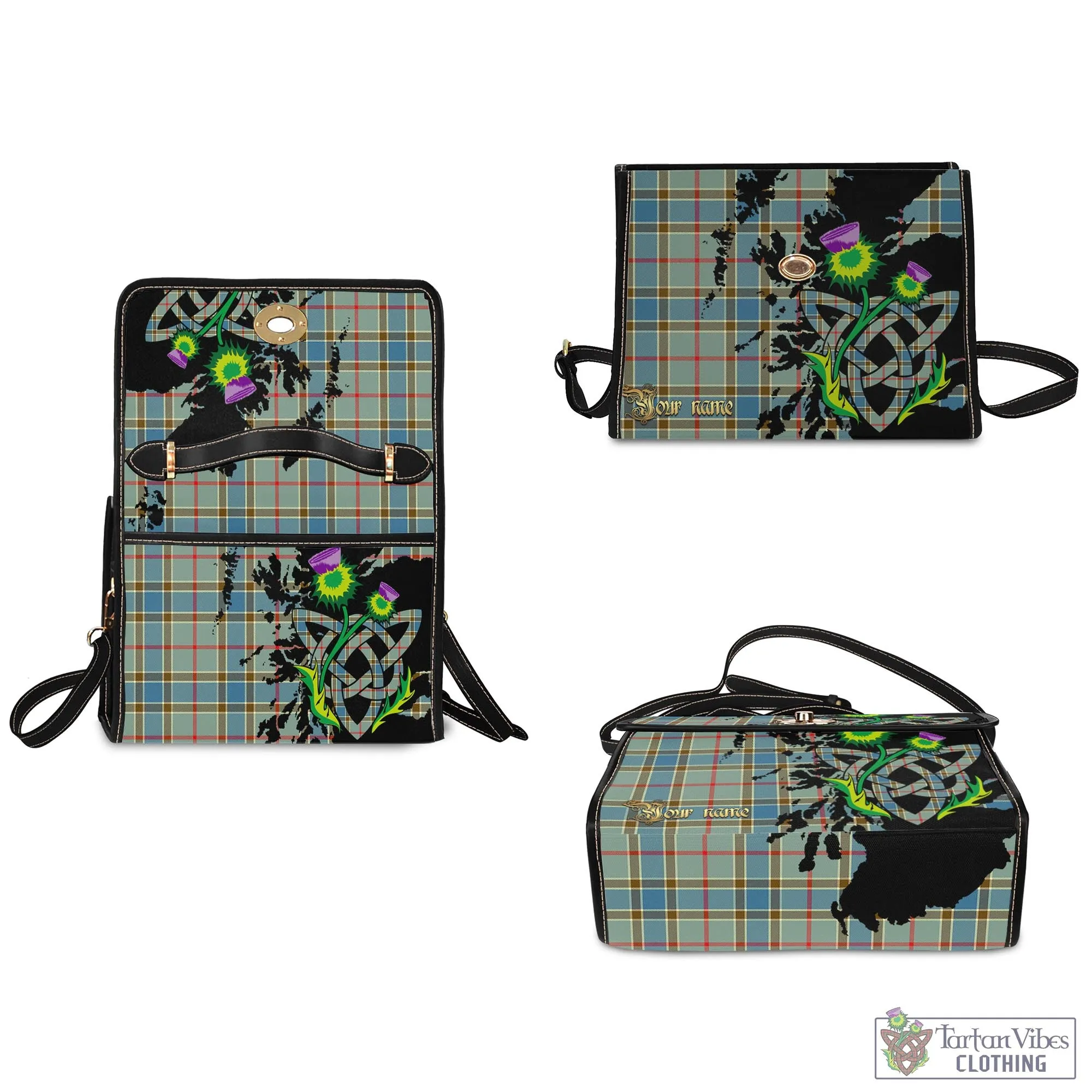 Balfour Blue Tartan Waterproof Canvas Bag with Scotland Map and Thistle Celtic Accents