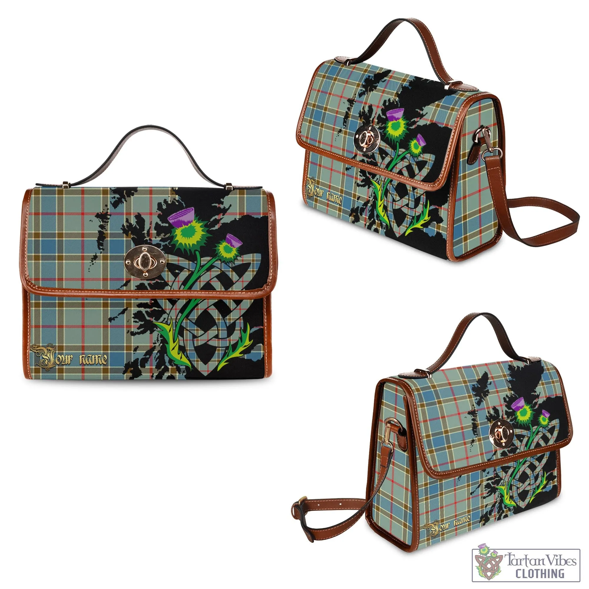 Balfour Blue Tartan Waterproof Canvas Bag with Scotland Map and Thistle Celtic Accents