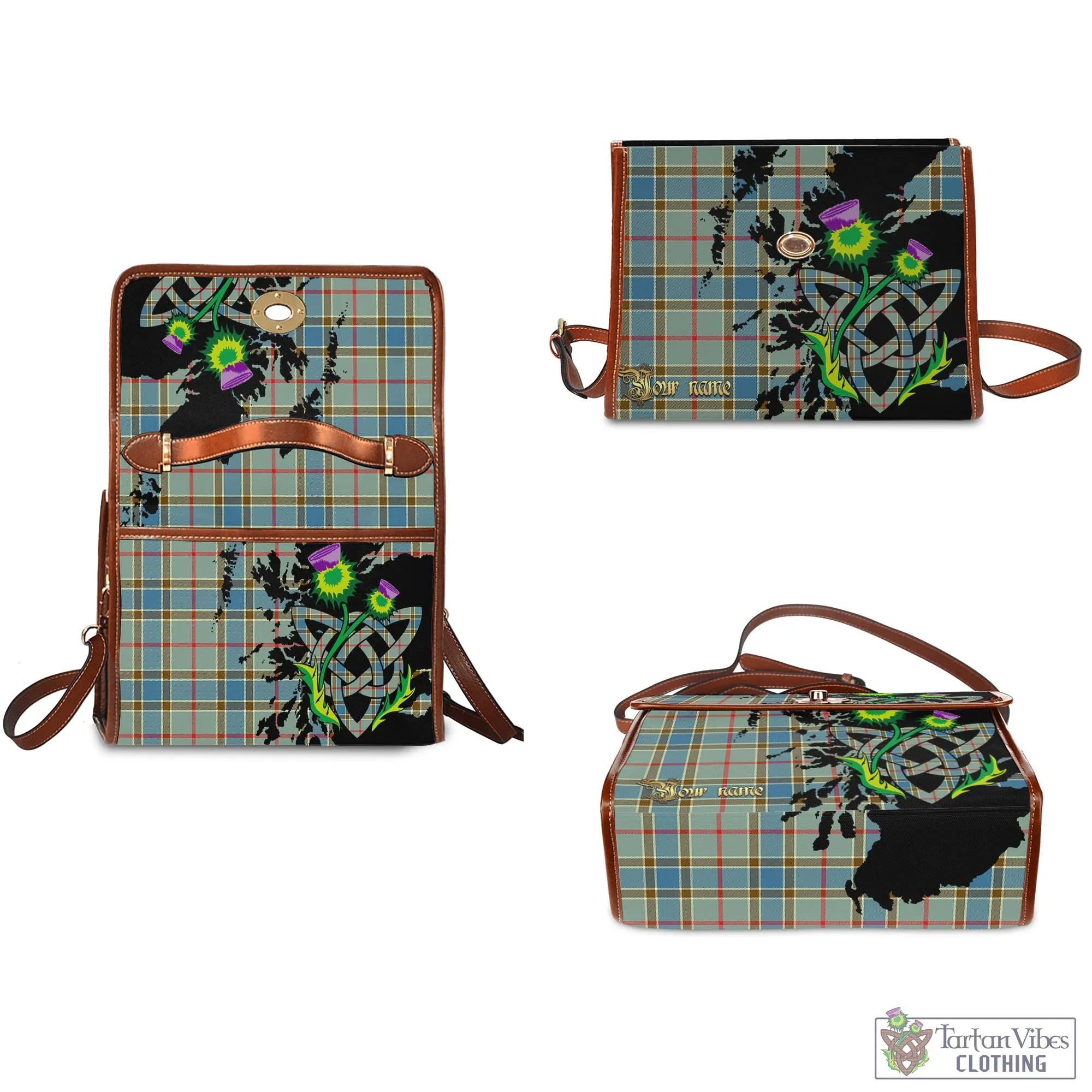 Balfour Blue Tartan Waterproof Canvas Bag with Scotland Map and Thistle Celtic Accents