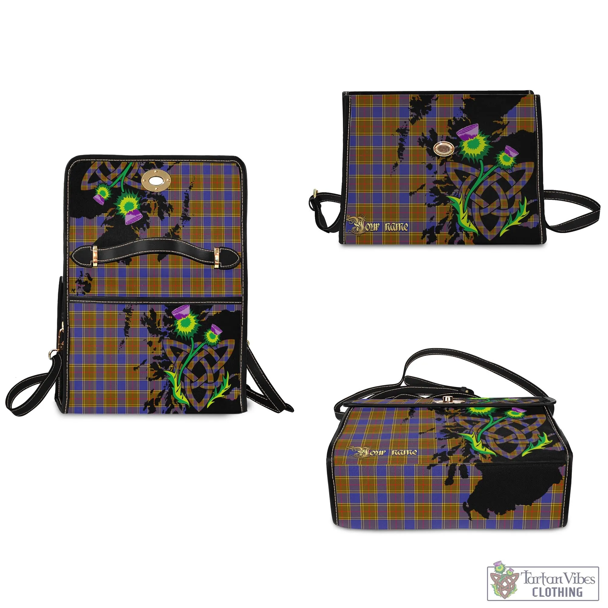 Balfour Tartan Waterproof Canvas Bag with Scotland Map and Thistle Celtic Accents