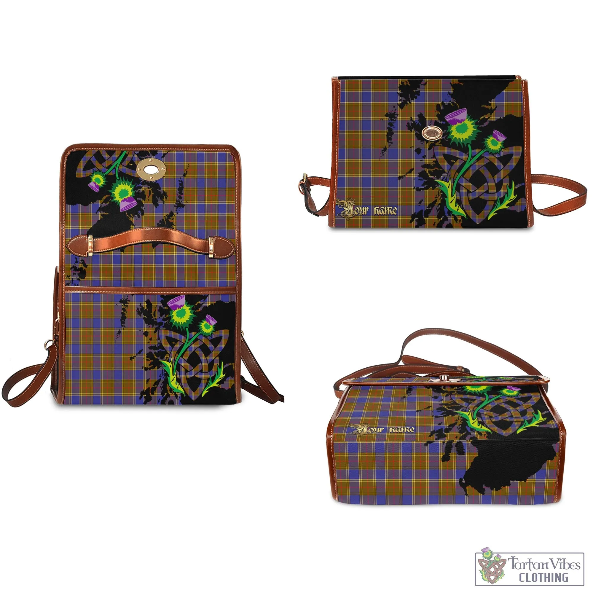 Balfour Tartan Waterproof Canvas Bag with Scotland Map and Thistle Celtic Accents