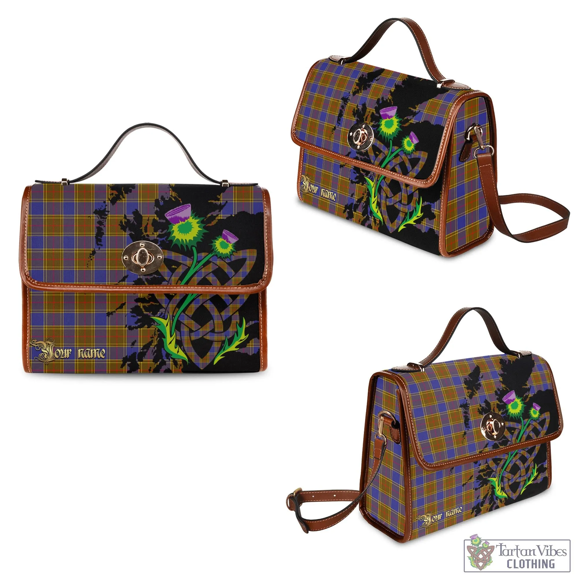 Balfour Tartan Waterproof Canvas Bag with Scotland Map and Thistle Celtic Accents