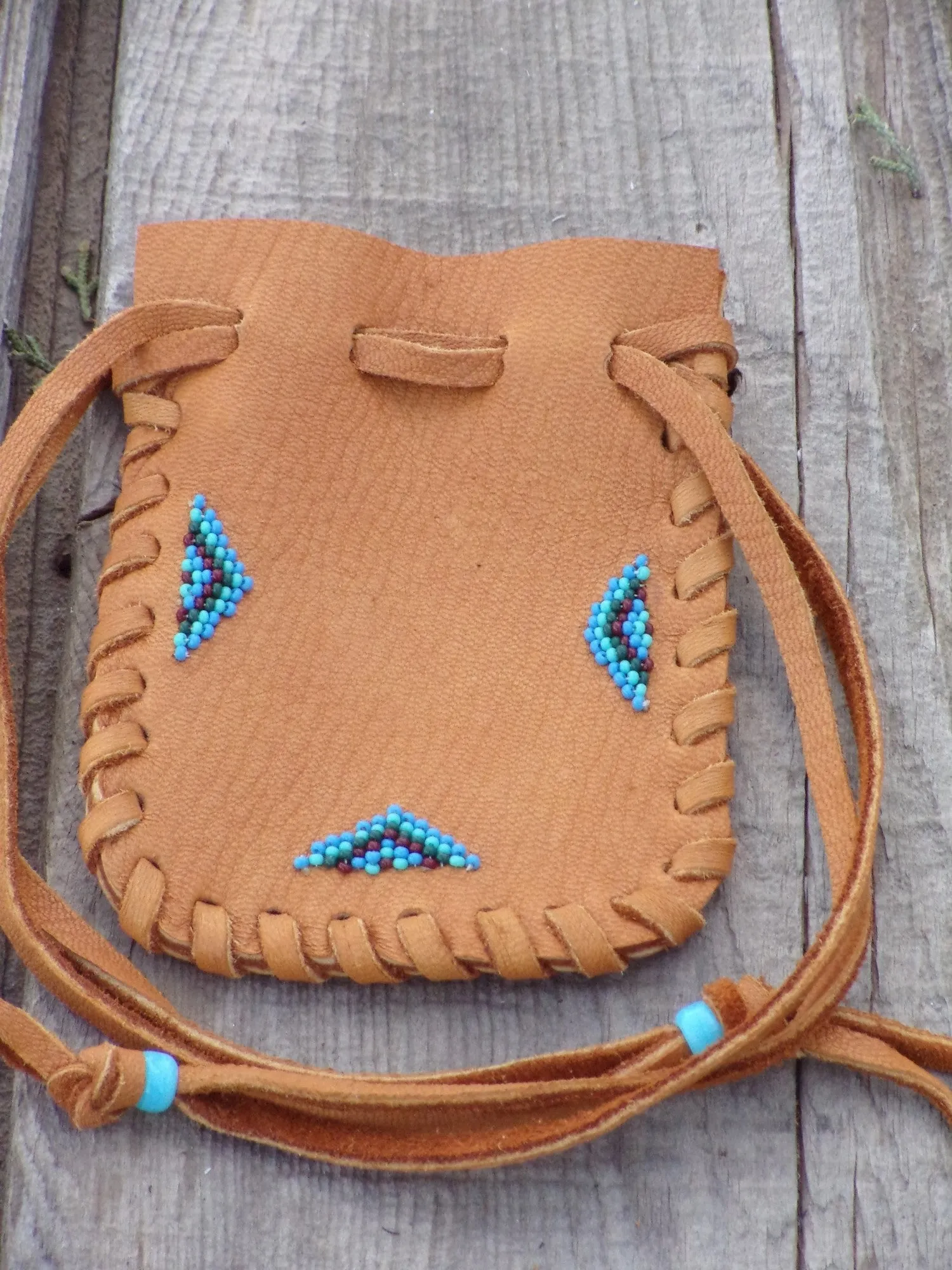 Beaded leather medicine bag, leather pouch