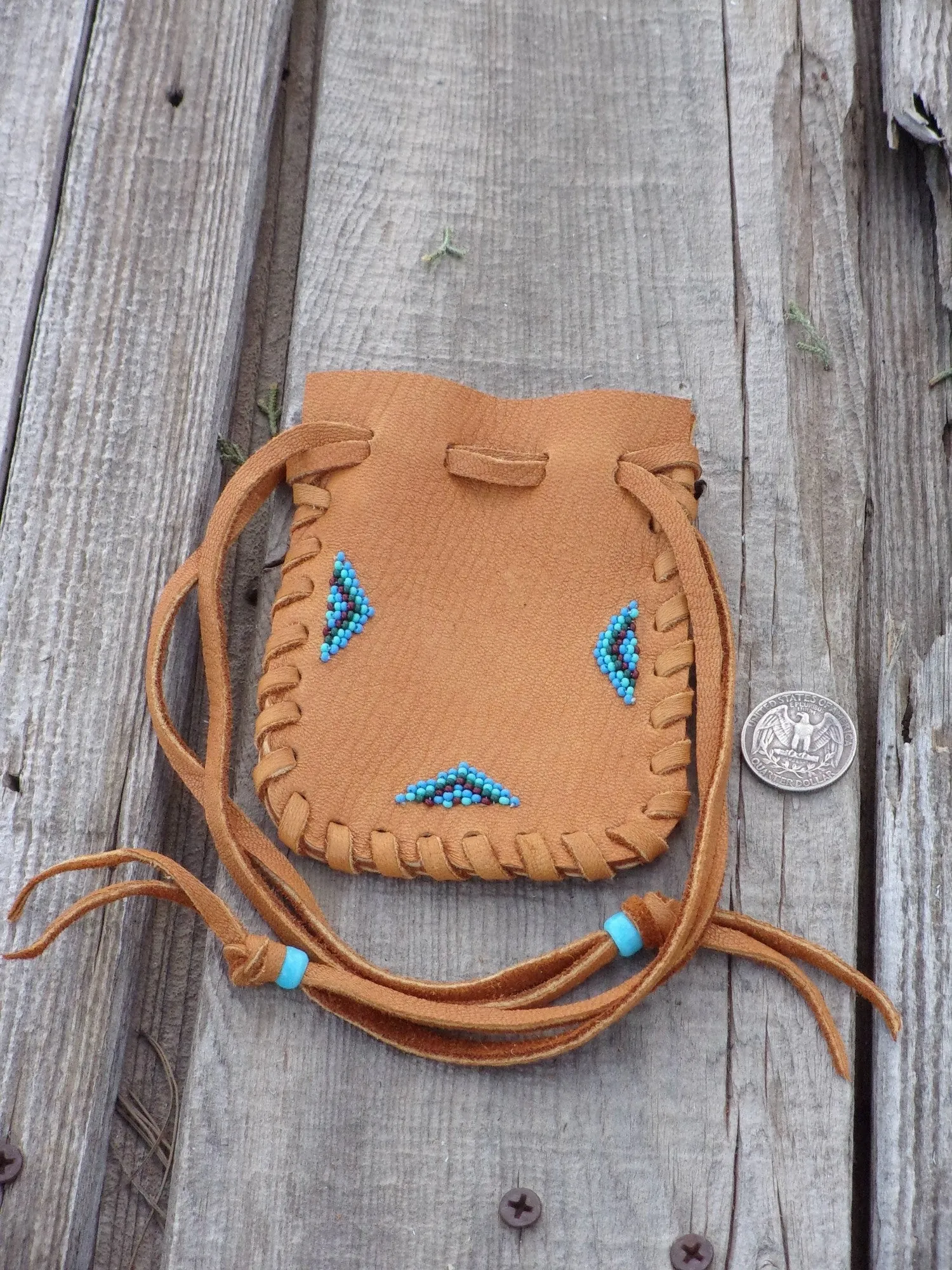 Beaded leather medicine bag, leather pouch