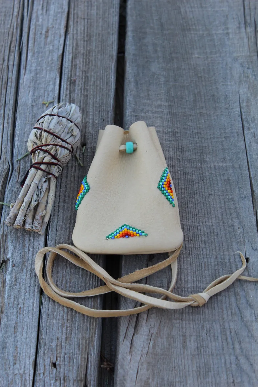 Beaded leather medicine pouch, amulet bag, mojo bag