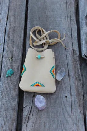 Beaded leather medicine pouch, amulet bag, mojo bag