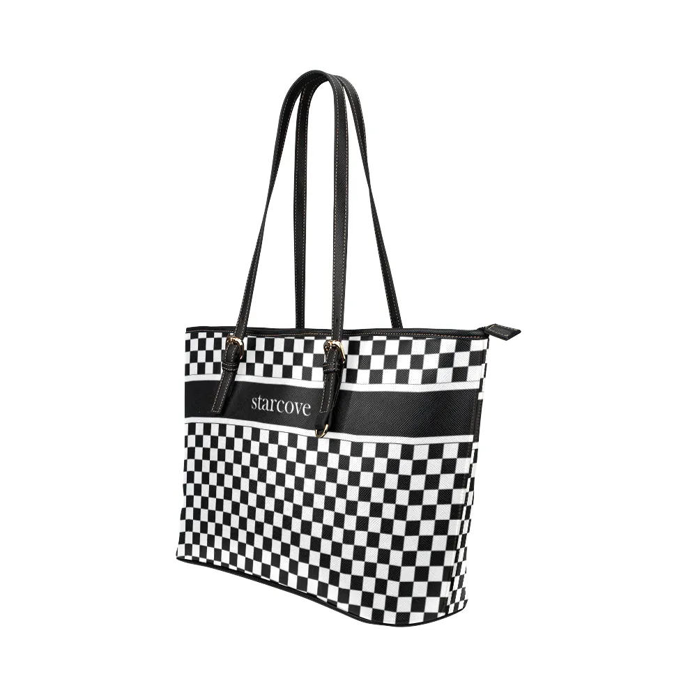 Black and White Checkered Tote Bag Purse, Women Check Racing Flag Print Handbag Checkerboard Zip Top Vegan Leather Designer Ladies Shoulder