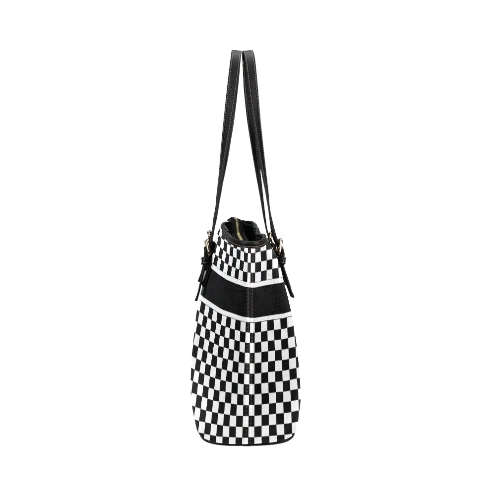 Black and White Checkered Tote Bag Purse, Women Check Racing Flag Print Handbag Checkerboard Zip Top Vegan Leather Designer Ladies Shoulder