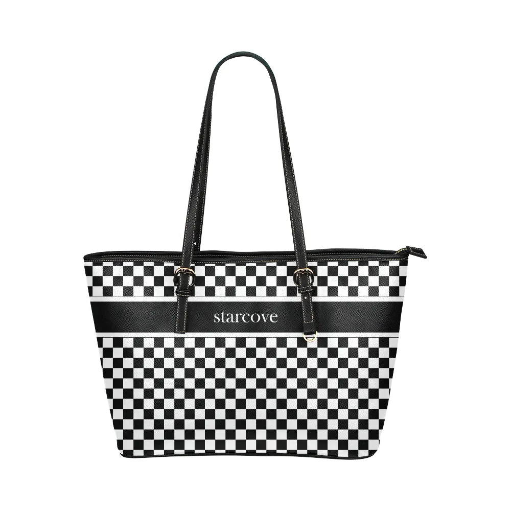 Black and White Checkered Tote Bag Purse, Women Check Racing Flag Print Handbag Checkerboard Zip Top Vegan Leather Designer Ladies Shoulder