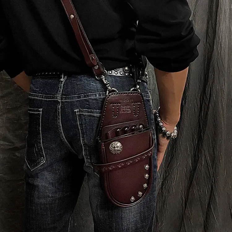 Black Badass Mens Leather Waist Bag Side Bag Red Hairstylist Tool Barber Pouch Blue Scissor Case for Men