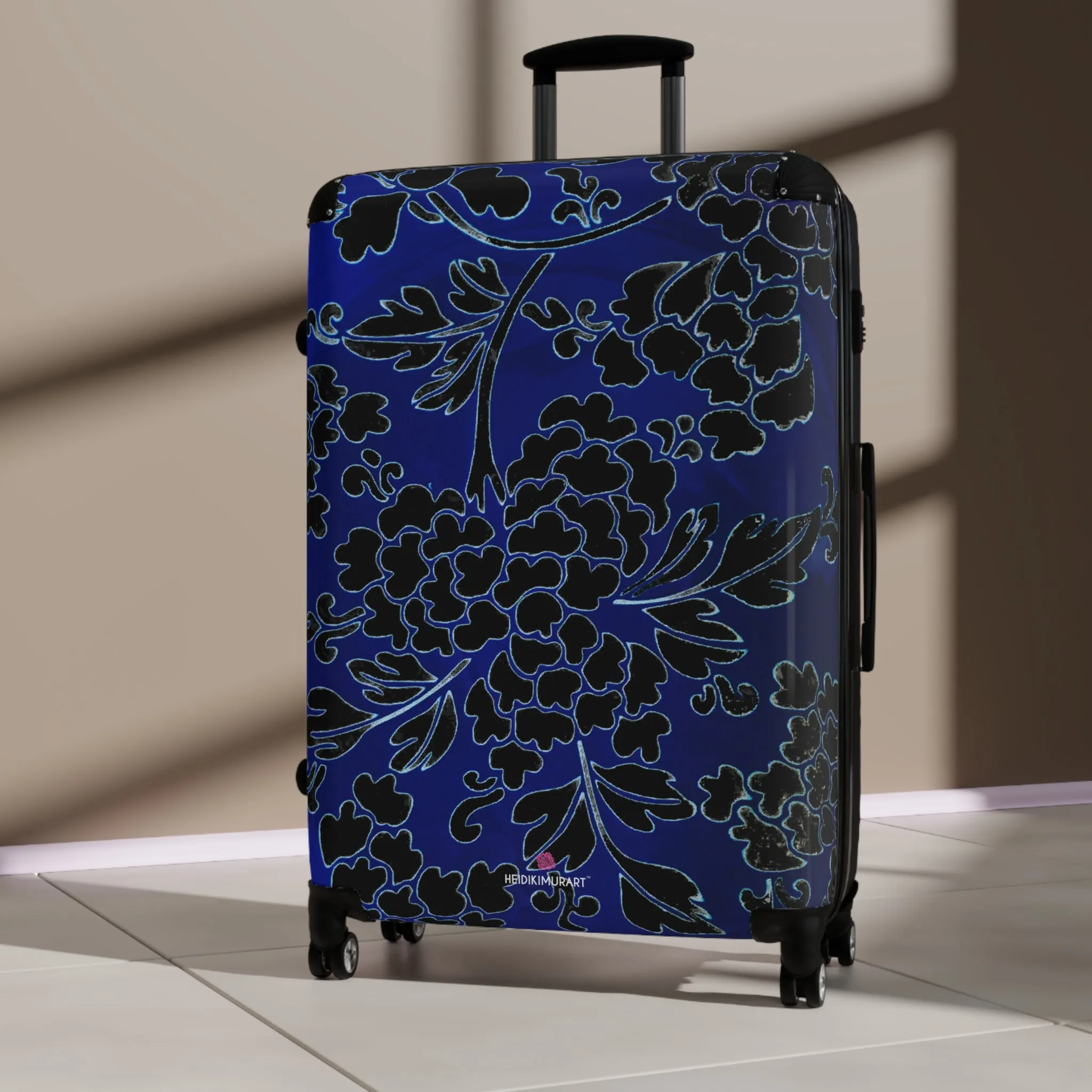 Black Blue Floral Print Suitcase, Abstract Oriental Style Floral Print Designer Suitcases, Travel Bag Suitcases (Small, Medium, Large)