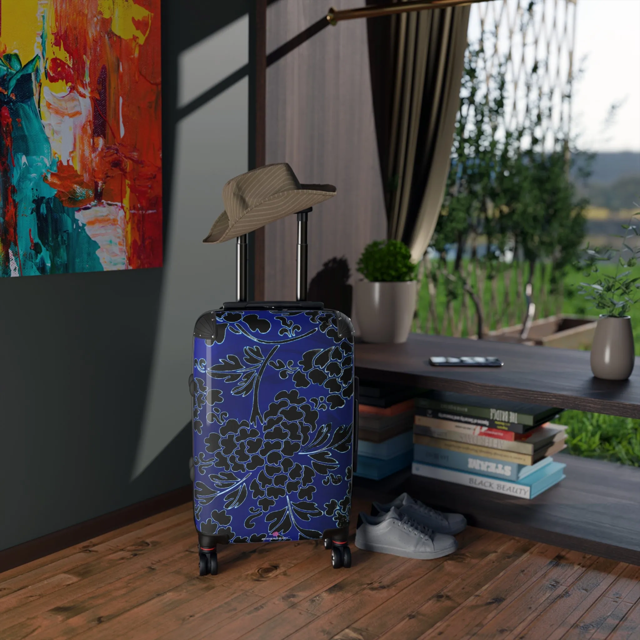 Black Blue Floral Print Suitcase, Abstract Oriental Style Floral Print Designer Suitcases, Travel Bag Suitcases (Small, Medium, Large)