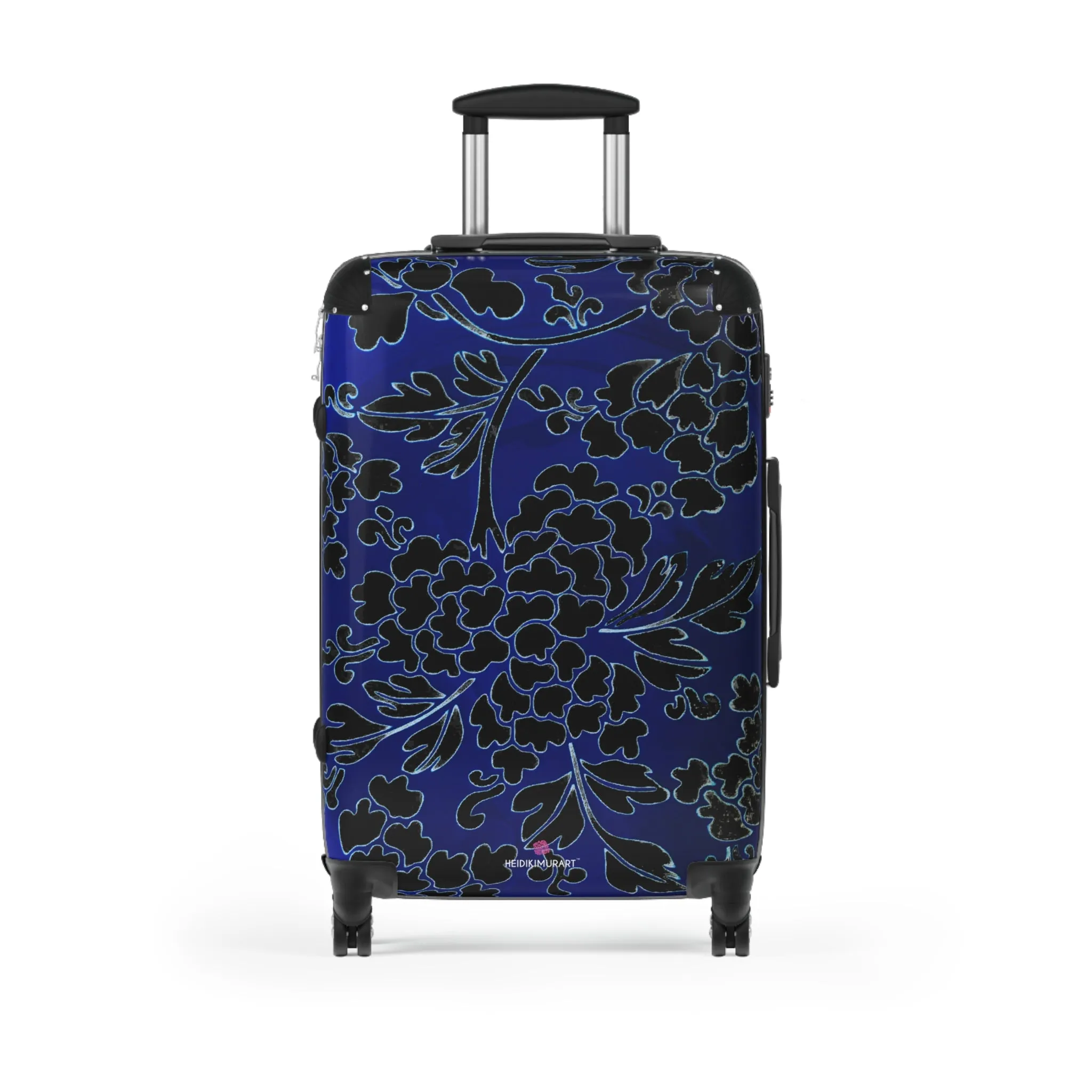 Black Blue Floral Print Suitcase, Abstract Oriental Style Floral Print Designer Suitcases, Travel Bag Suitcases (Small, Medium, Large)