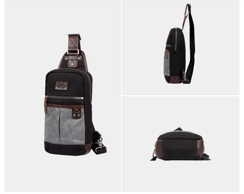 Black Canvas Leather Sling Backpack Men's Sling Bag Chest Bag Dark Coffee Canvas One shoulder Backpack For Men