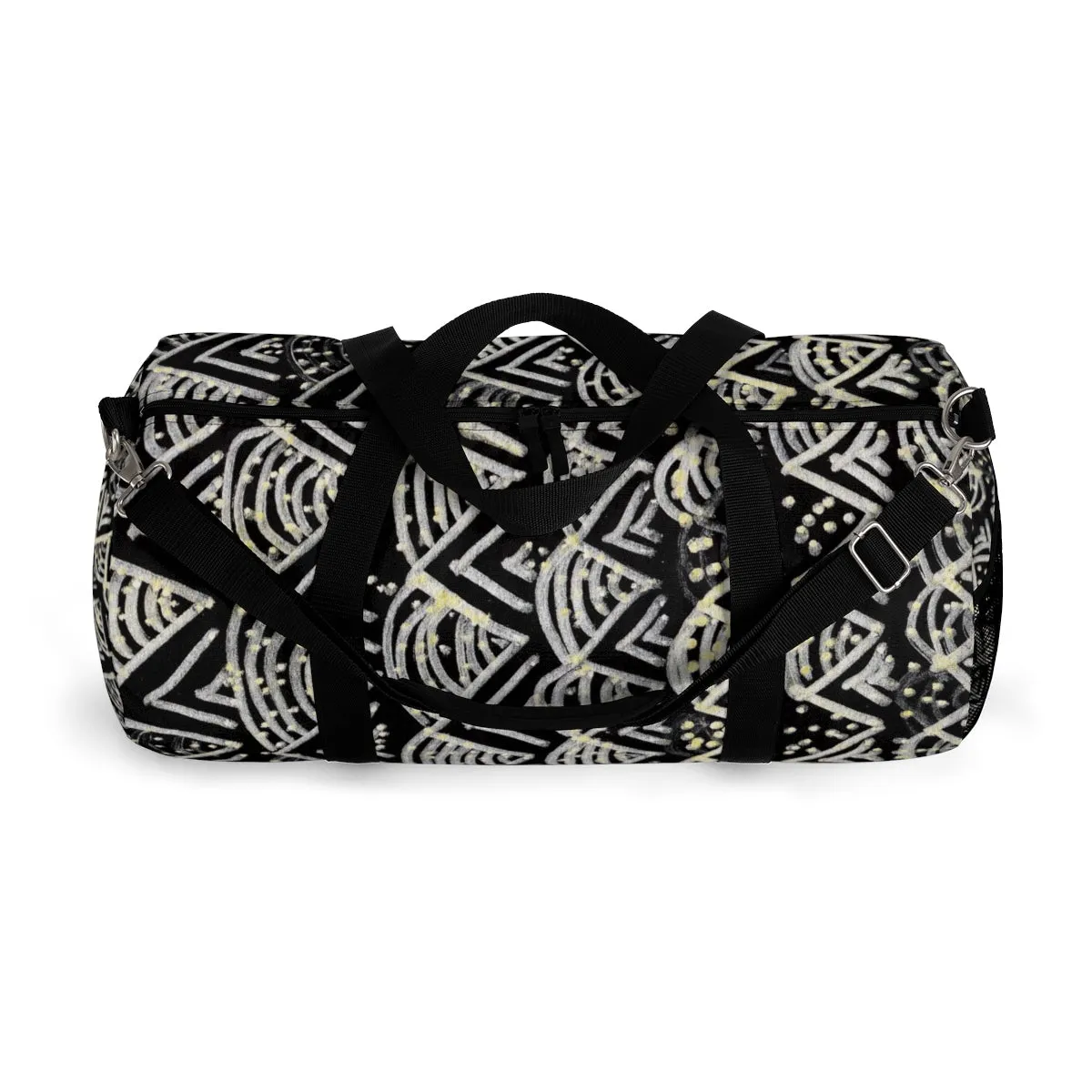 Black Geometric Duffel Bag, African Tribal Pattern Small/ Large Size Duffel Bag-Made in USA