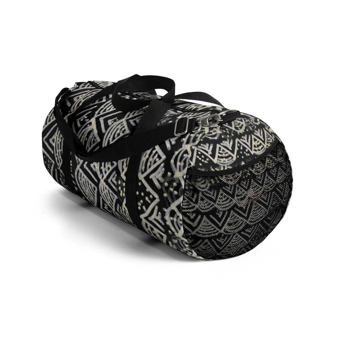 Black Geometric Duffel Bag, African Tribal Pattern Small/ Large Size Duffel Bag-Made in USA