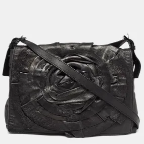 Black Leather Petale Rose Crossbody Bag