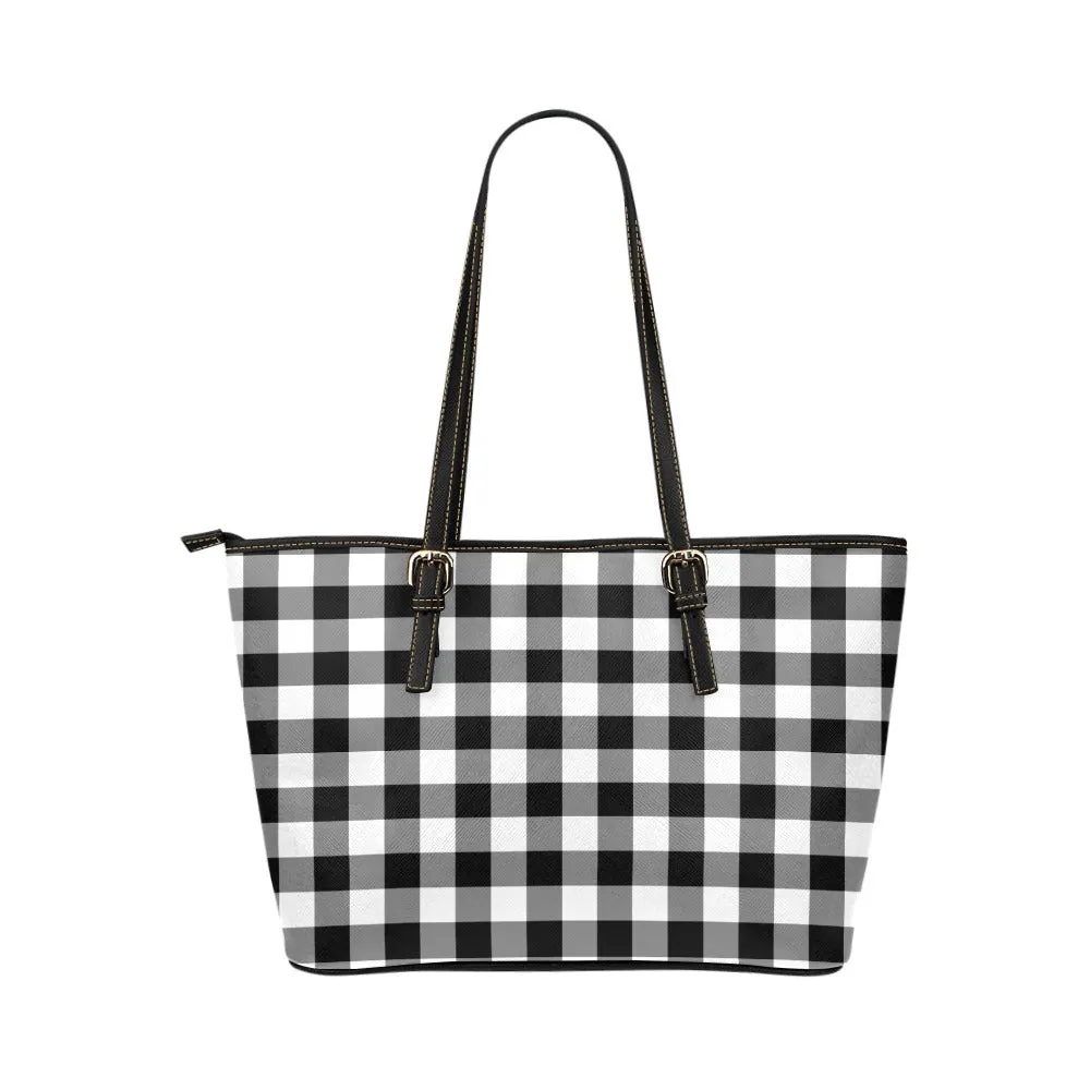 Black White Buffalo Plaid Tote Bag Purse, Check Checkered Print Handbag Vegan Leather Zip on Top Designer Handmade Shoulder Ladies Women