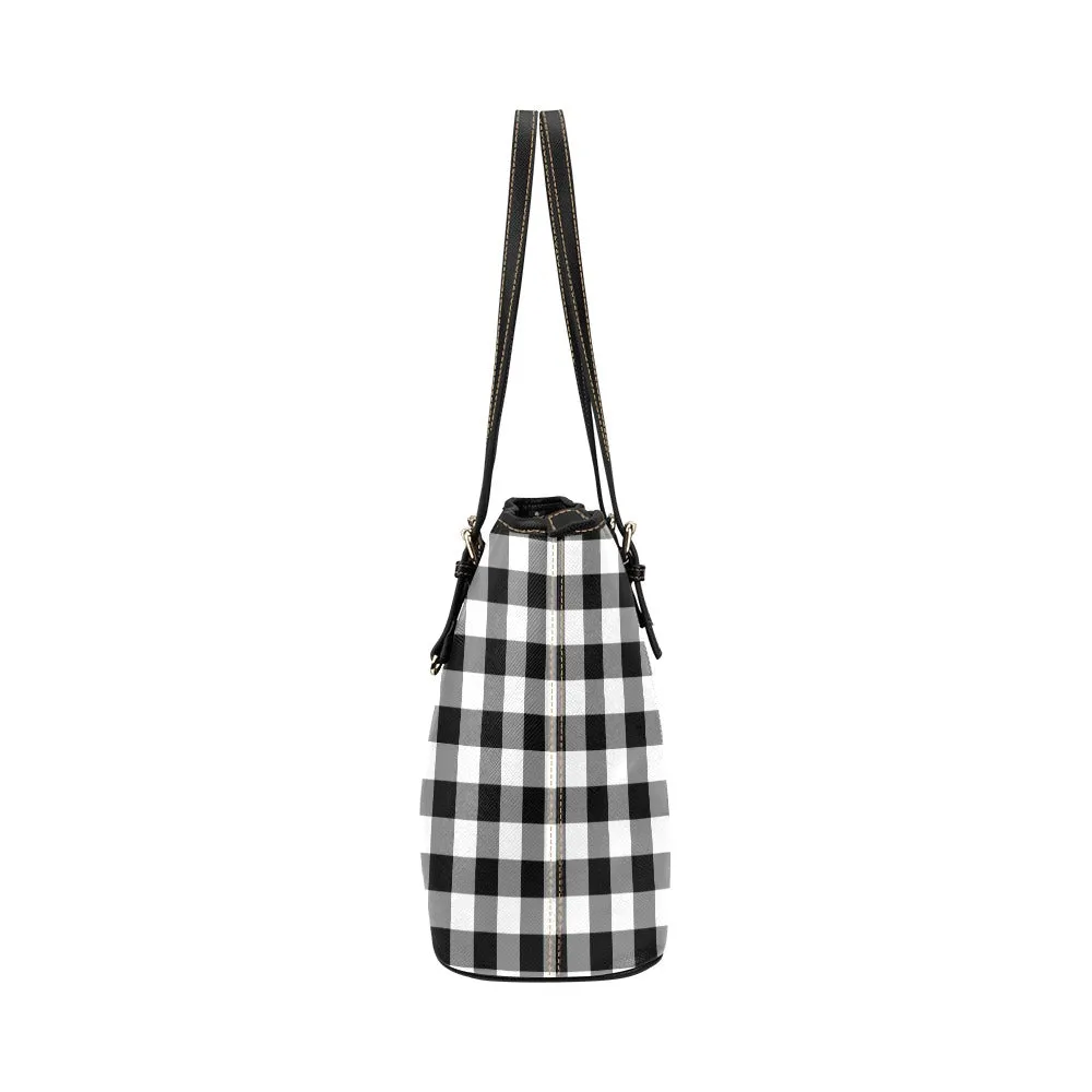 Black White Buffalo Plaid Tote Bag Purse, Check Checkered Print Handbag Vegan Leather Zip on Top Designer Handmade Shoulder Ladies Women