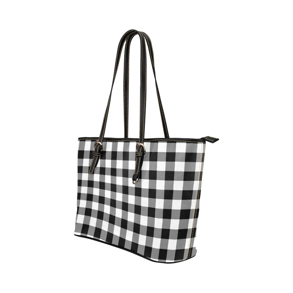 Black White Buffalo Plaid Tote Bag Purse, Check Checkered Print Handbag Vegan Leather Zip on Top Designer Handmade Shoulder Ladies Women