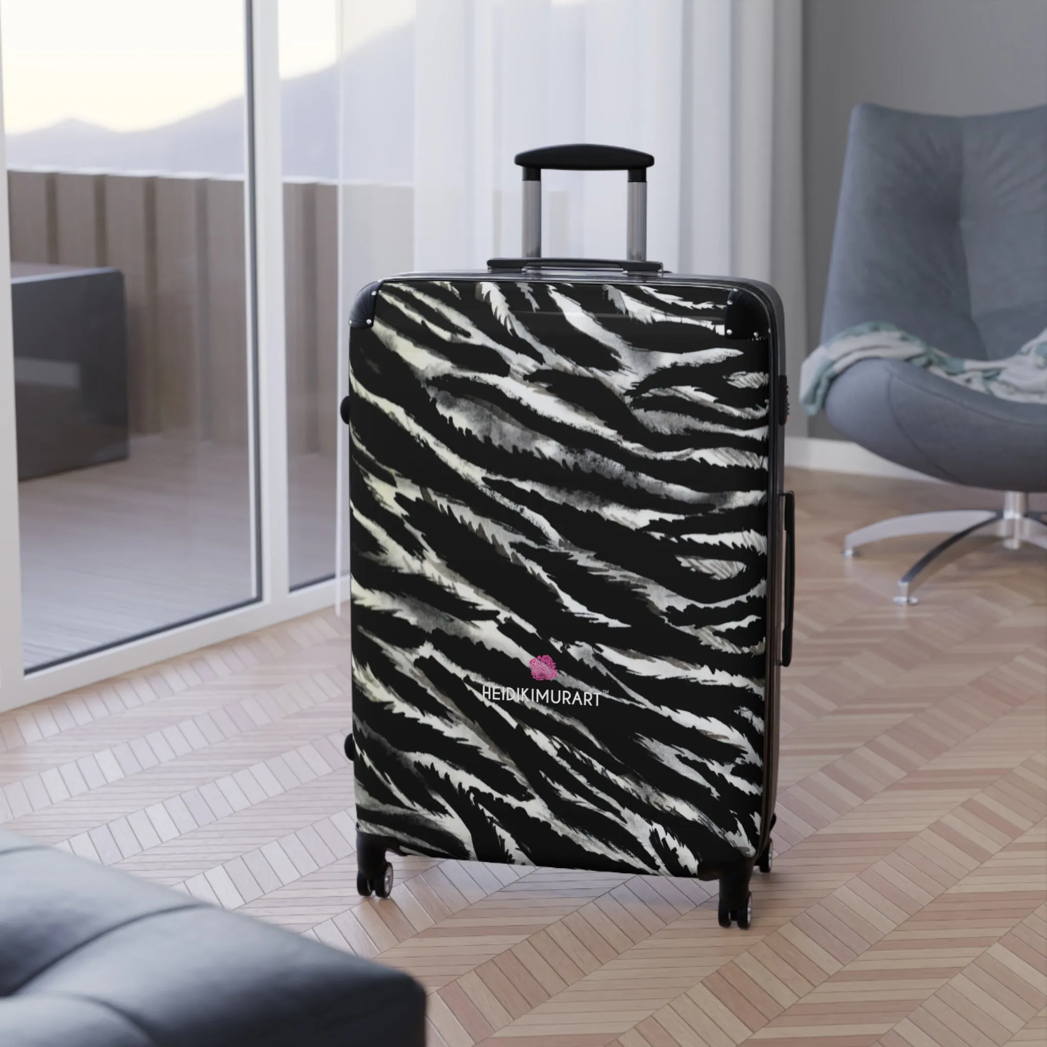 Black Zebra Print Cabin Suitcase, Black and White Zebra Print Travel Bag Suitcases (Small, Medium, Large)