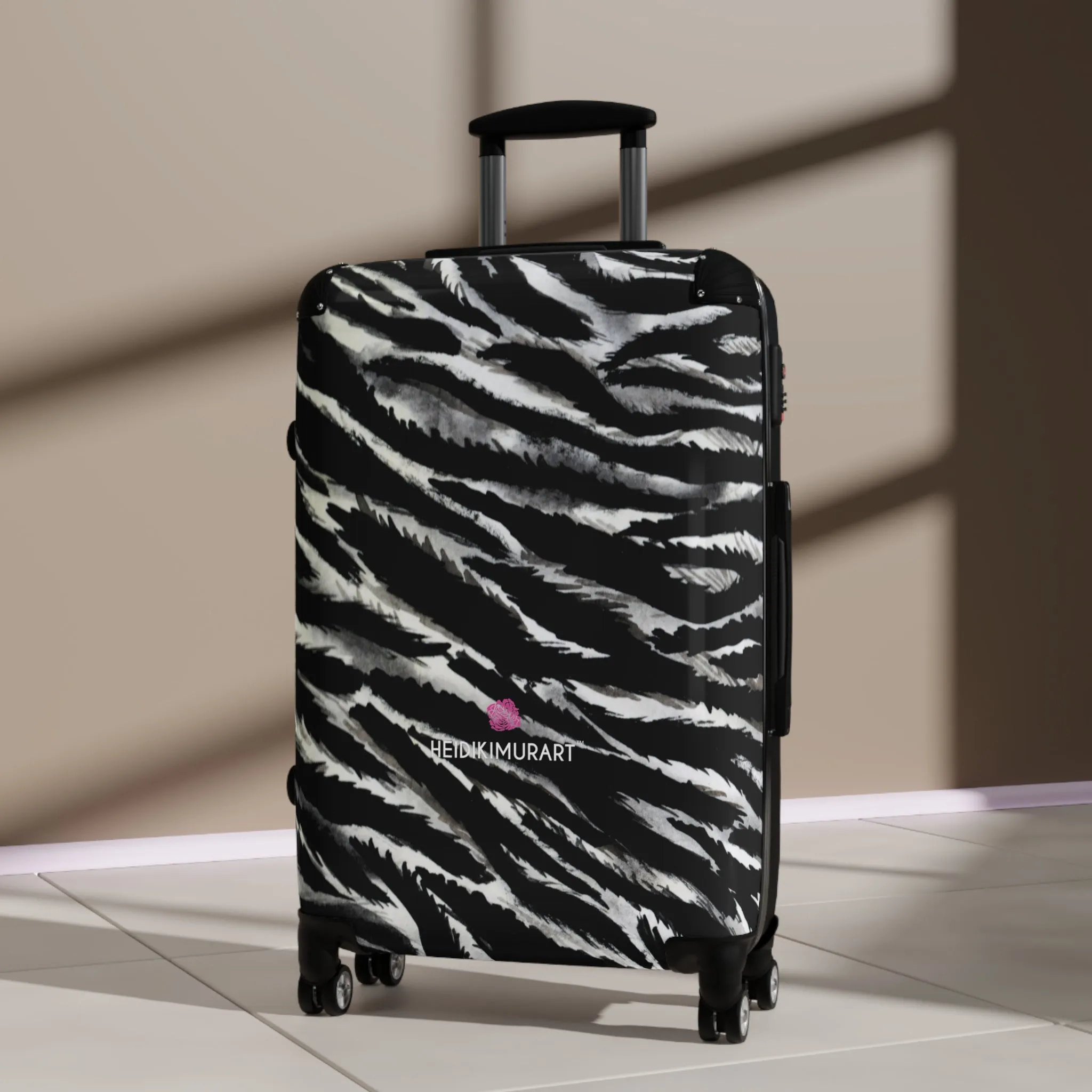 Black Zebra Print Cabin Suitcase, Black and White Zebra Print Travel Bag Suitcases (Small, Medium, Large)