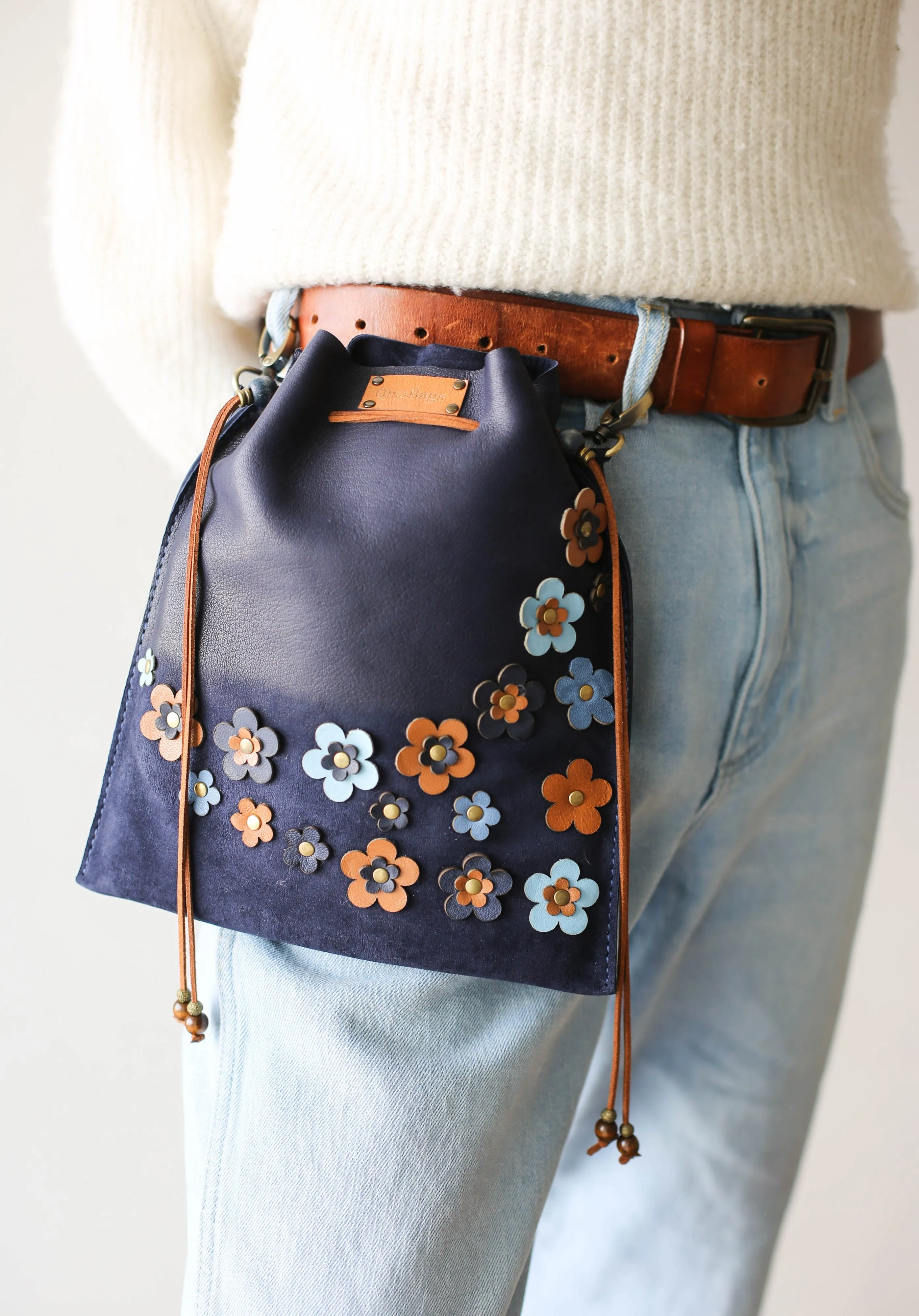 Blue Floral Suede Pouch Bag