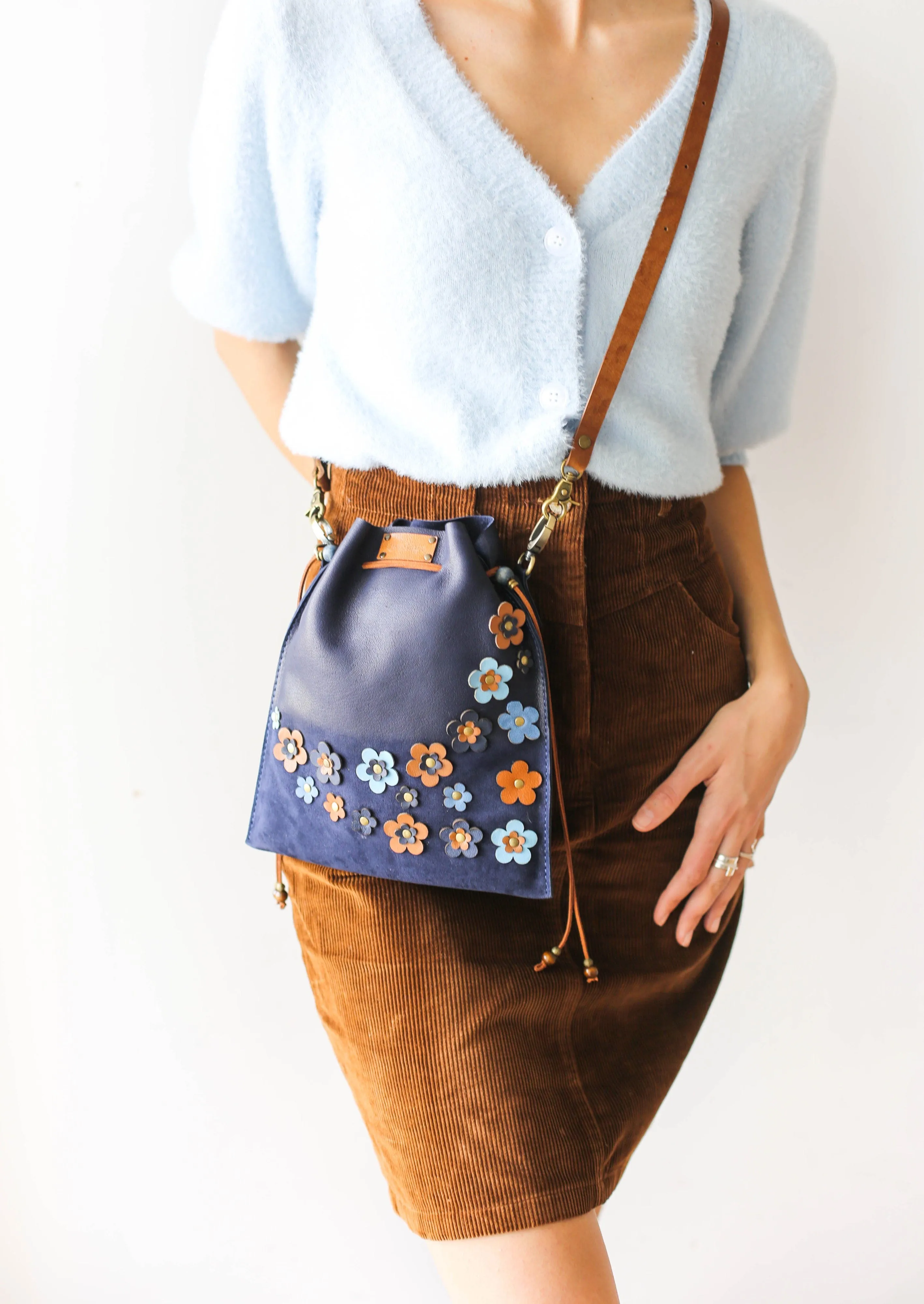 Blue Floral Suede Pouch Bag