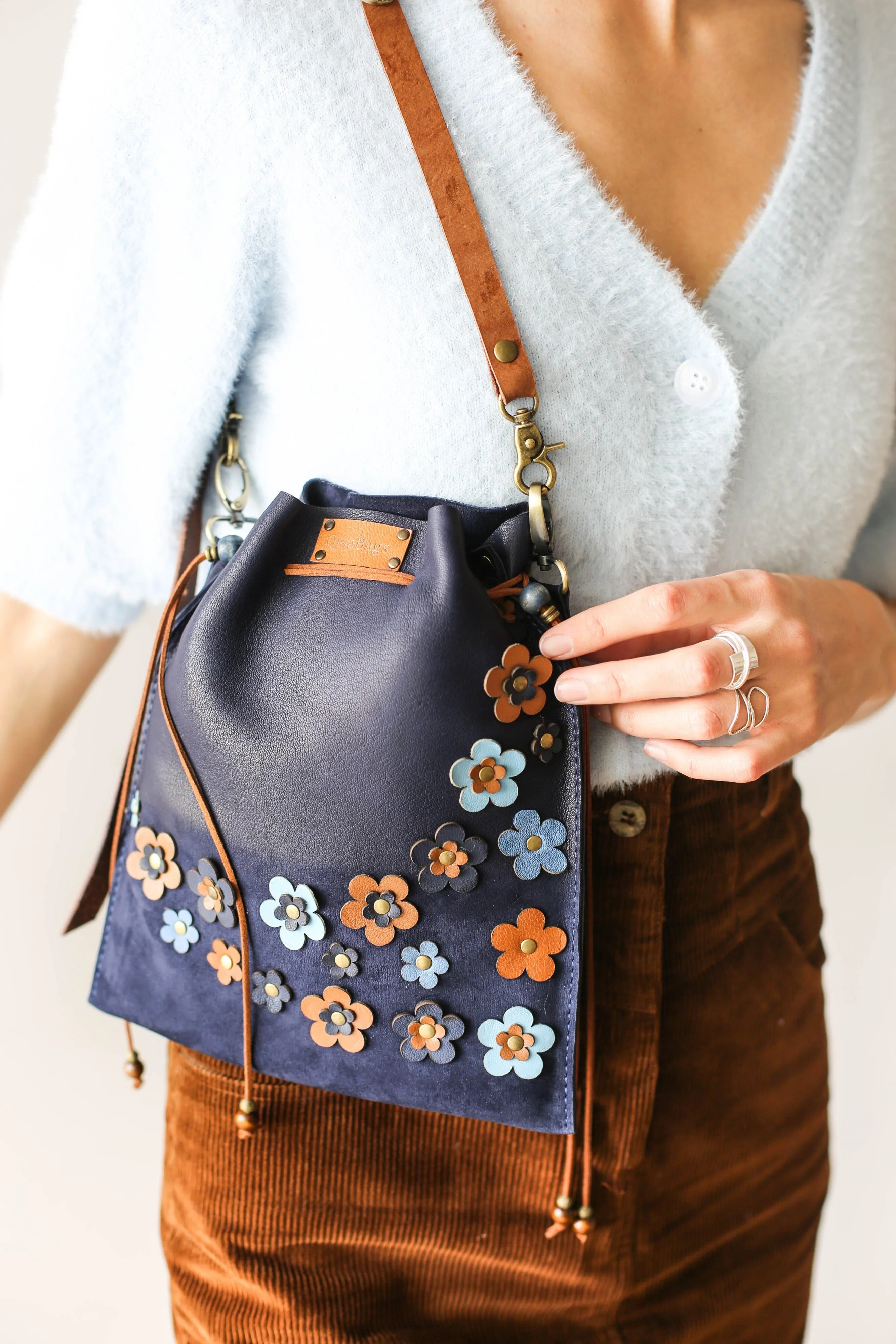 Blue Floral Suede Pouch Bag