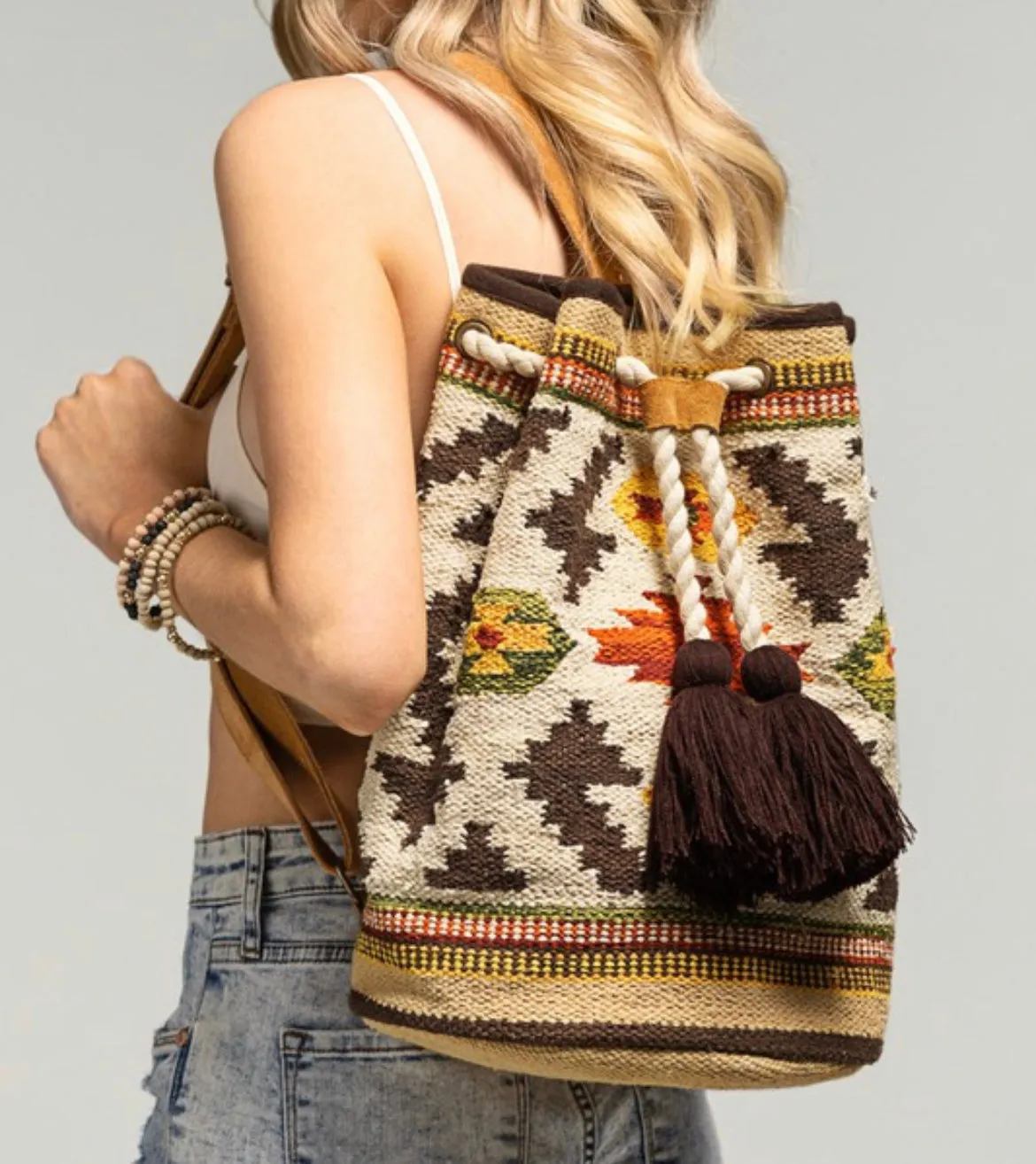 boho chic Navajo pattern backpack   /  western woven carpet backpack/ Large western backpack / Bucket bag / Purse /bag