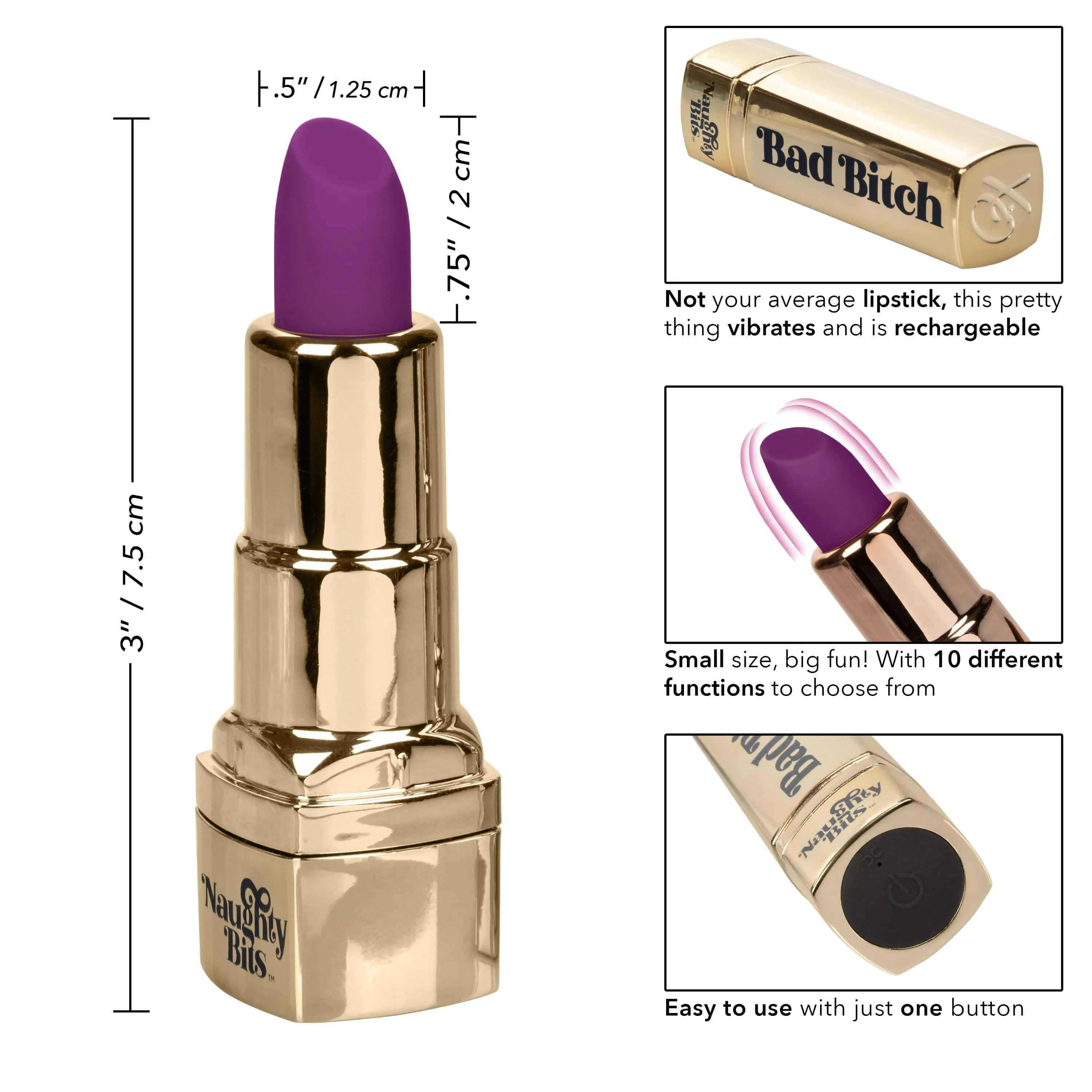 California Exotics - Naughty Bits Bad Bitch Discreet Lipstick Vibrator (Gold)