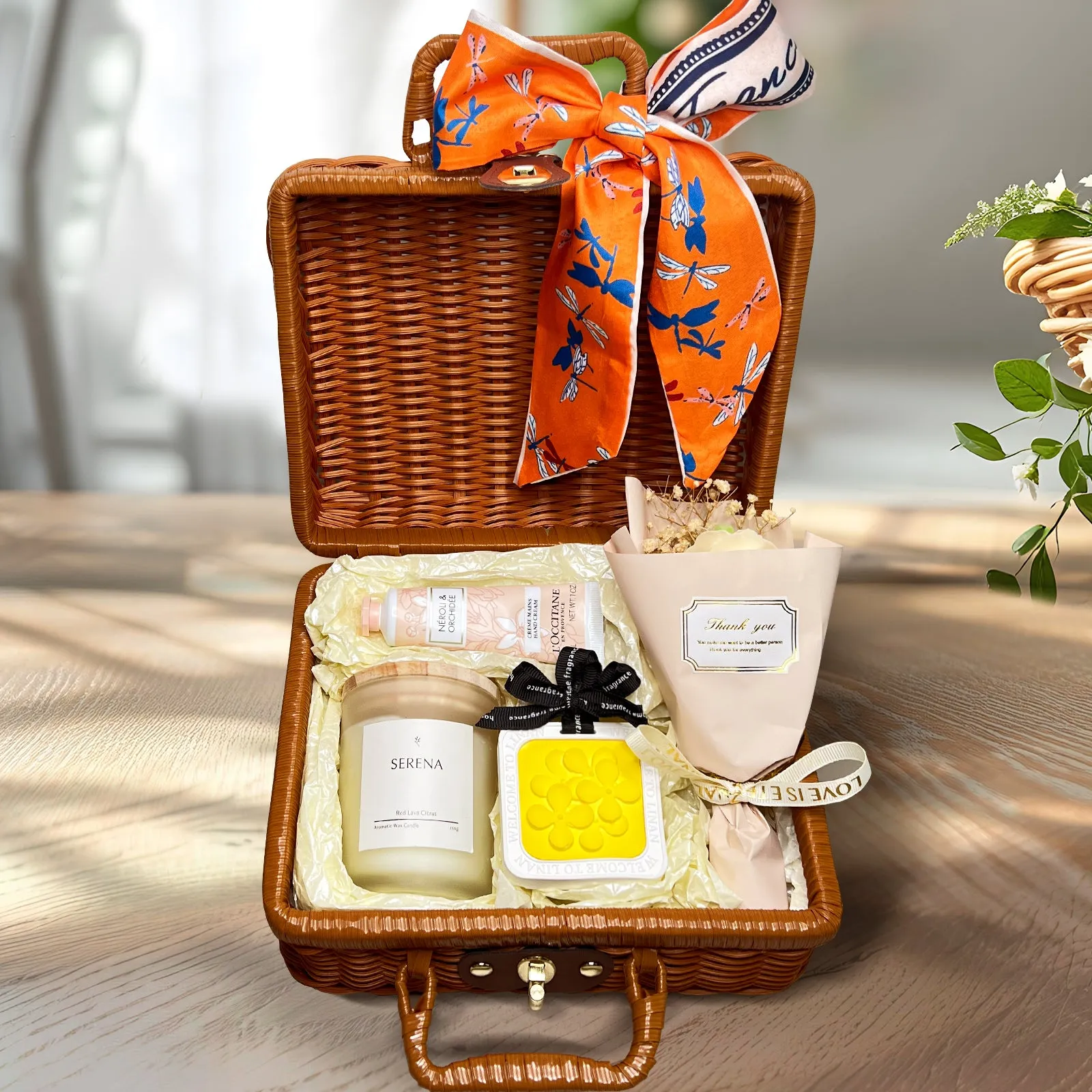 Chic Suitcase Gift Basket with Jar Candle, Flower Petal Ornament & Luxurious Hand Cream