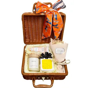 Chic Suitcase Gift Basket with Jar Candle, Flower Petal Ornament & Luxurious Hand Cream