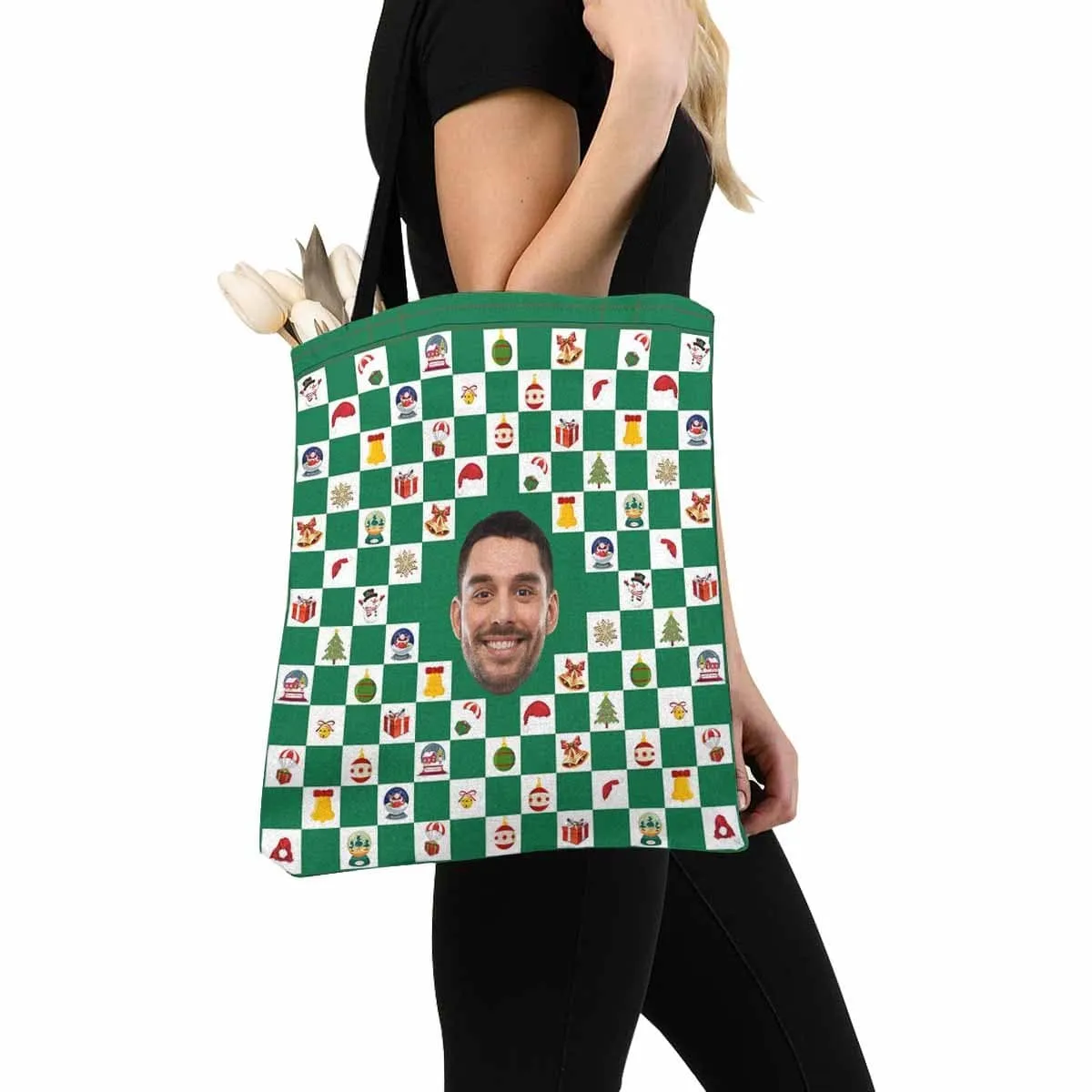 Custom Face Christmas Green Canvas Tote Bag