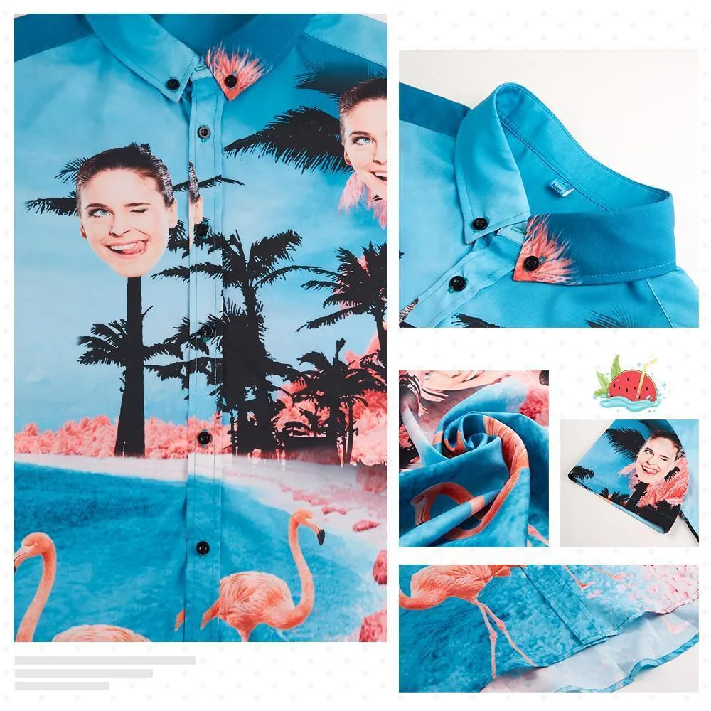 Custom Face Hawaiian Shirt for Man Flamingo And Palm Leaves