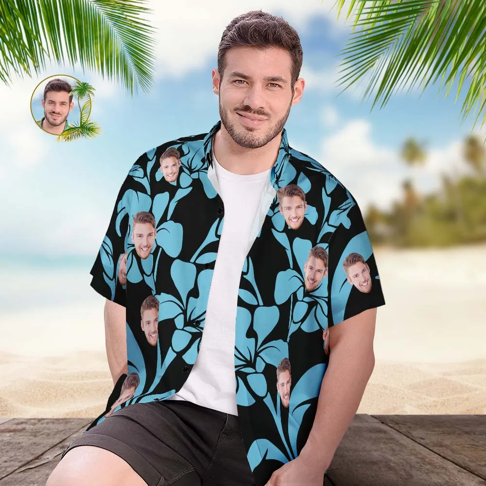 Custom Face Hawaiian Shirt Men's Popular All Over Print Hawaiian Beach Shirt Gift - Blue Romance