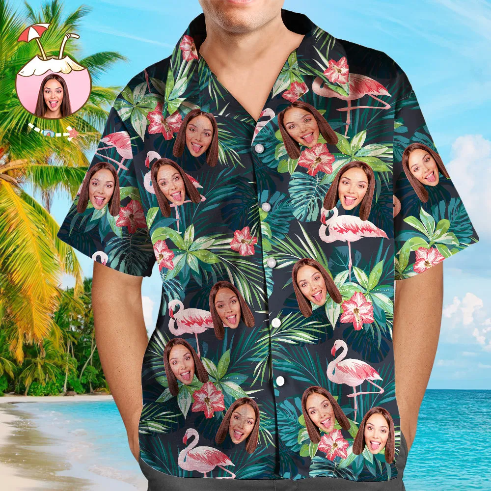 Custom Hawaiian Shirt with Face Custom Dog Face Shirt Leaves & Flamingo Hawaiian Shirts