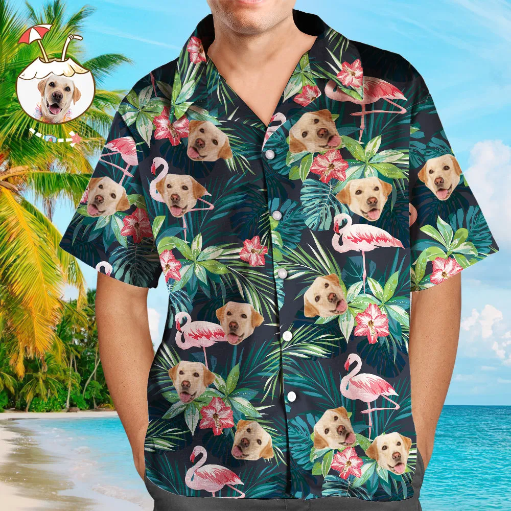 Custom Hawaiian Shirt with Face Custom Dog Face Shirt Leaves & Flamingo Hawaiian Shirts