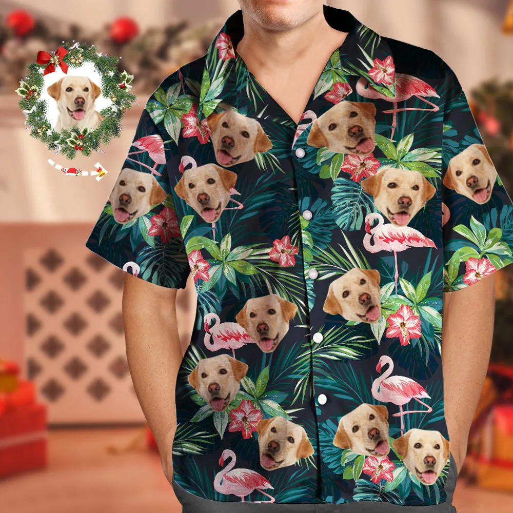 Custom Hawaiian Shirt with Face Custom Dog Face Shirt Leaves & Flamingo Hawaiian Shirts