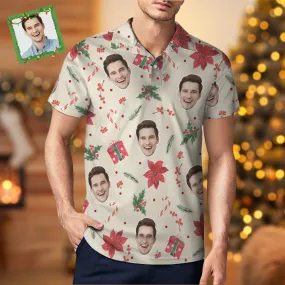 Custom Photo Vintage Short Sleeve Polo Shirt Personalised Christmas Elements Seamless Pattern Golf Shirt Mens Tops