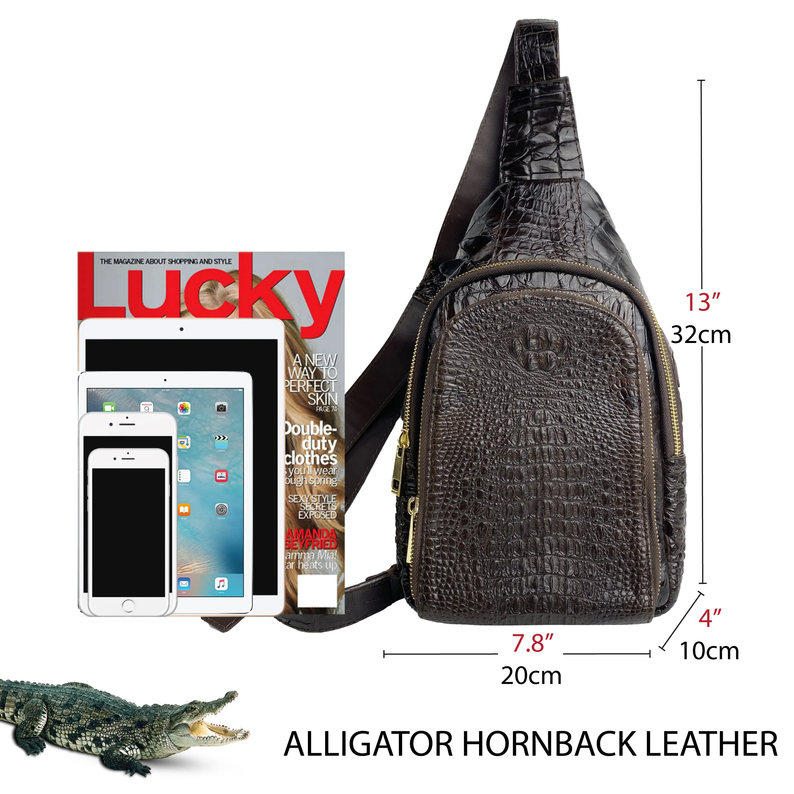 Dark Brown Alligator Crossbody Sling Bag | Handmade Men's Crocodile Shoulder Bag | BACKPACK33