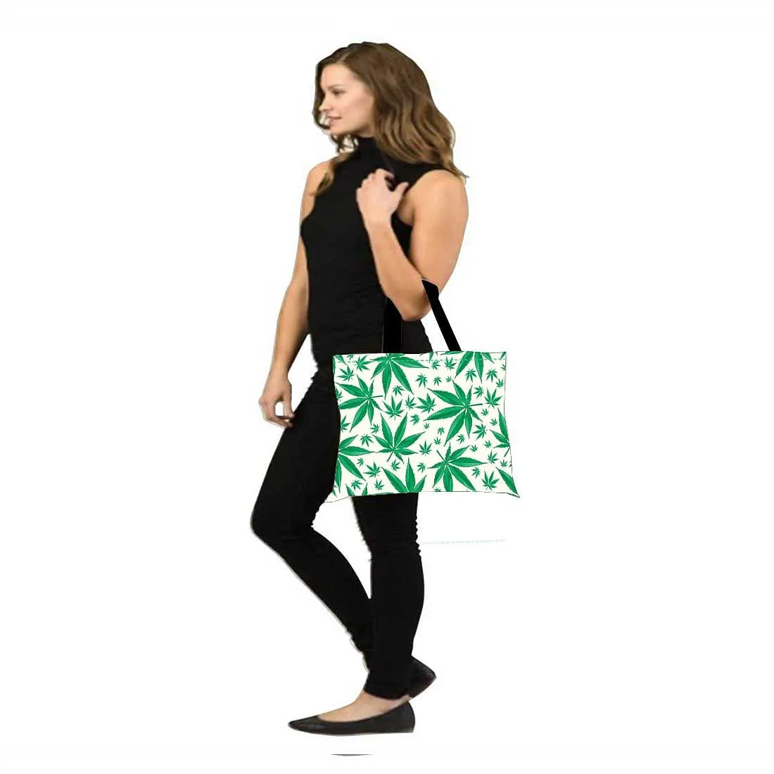 Designer Tote Bag With Zip Beach Gym Travel Bags -  Herbal Happy Green Leaf