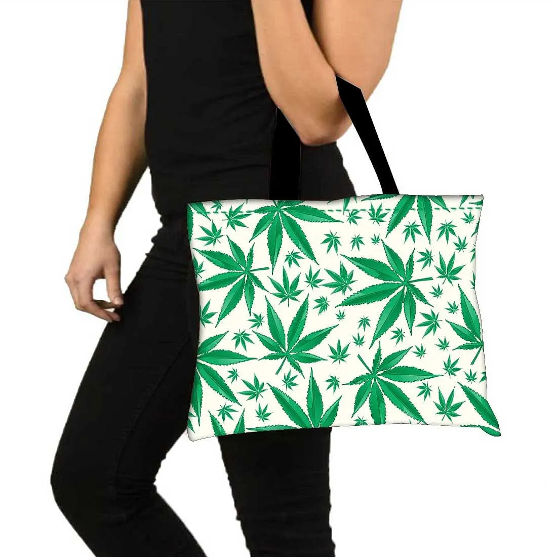 Designer Tote Bag With Zip Beach Gym Travel Bags -  Herbal Happy Green Leaf